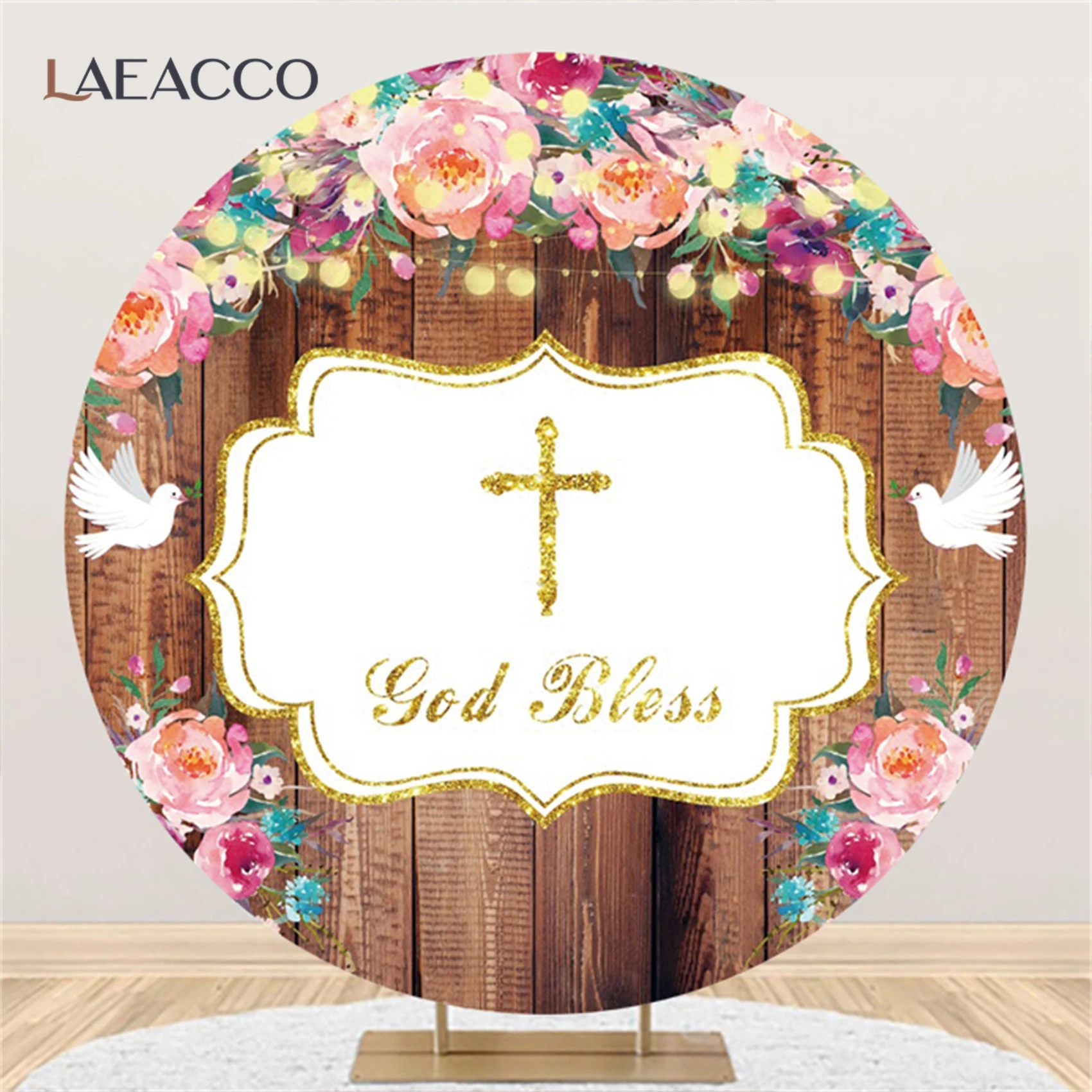 

Custom Wood Board Texture Watercolor Flowers Cross God Bless Round Background Banner Photography Circle Backdrop Decor Props
