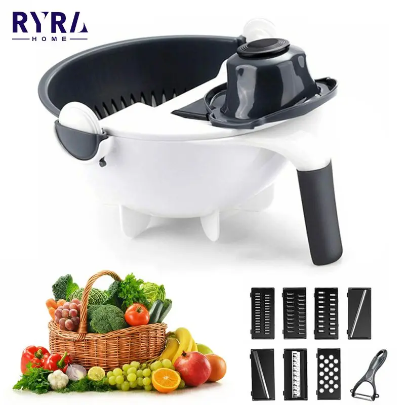 

7 In 1 Veggie Fruit Radish Grater Multifunctional Veggie Fruit Shredder Rotate Vegetable Cutter With Drain Basket Kitchen Gadget