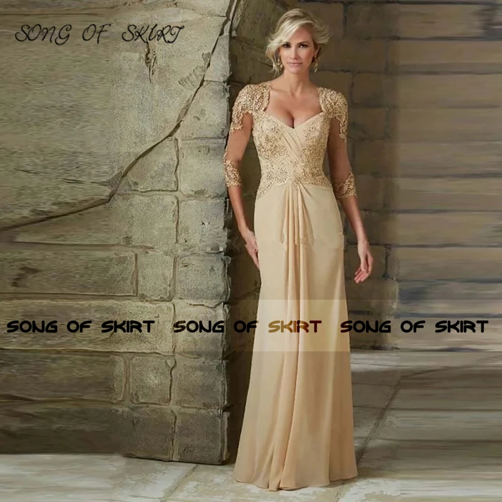 

Champagne Chiffon Mother Of Bride Dresses Elegant Applique Open Back Mom Wedding Evening Formal Gown Robe De Soirée Femme