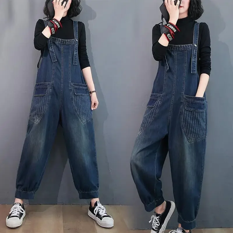 Весенне-осенний джинсовый комбинезон женские длинные широкие брюки свободные
