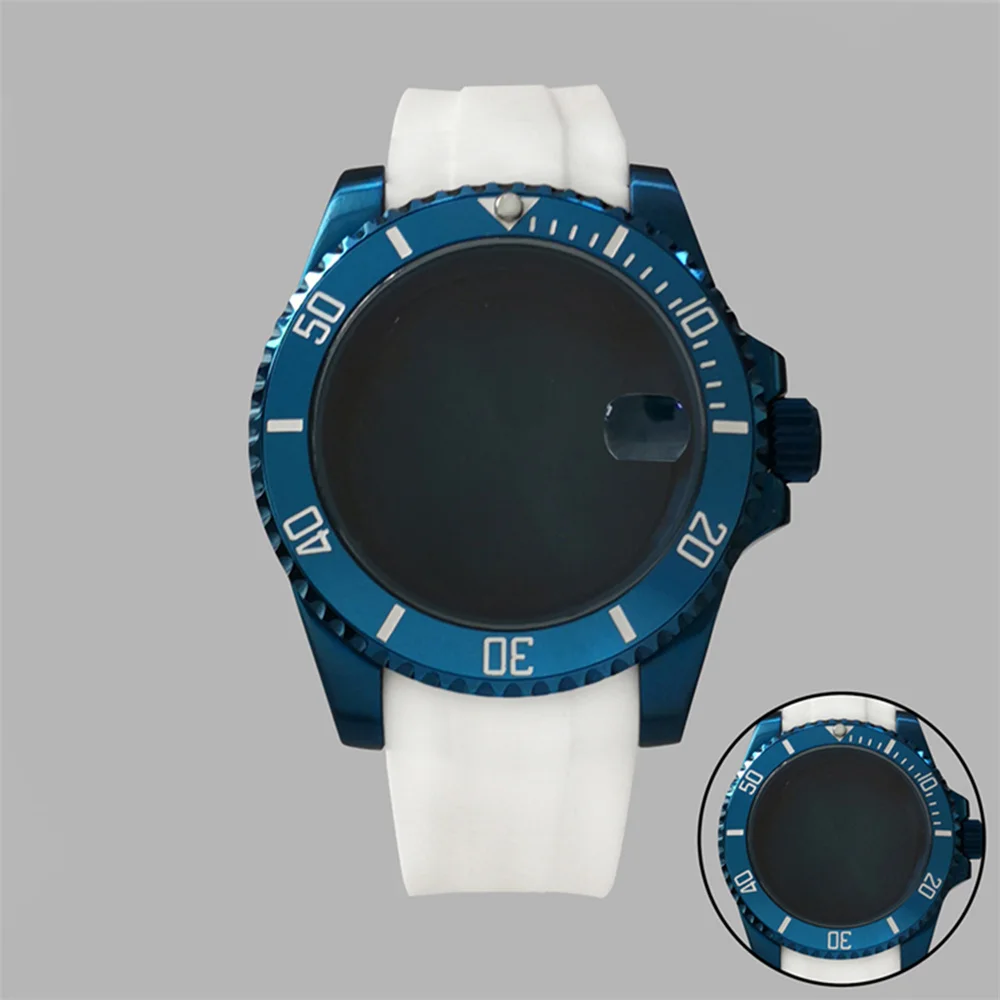 

Soft White Silicone Watch Strap 40MM Sapphire Glass Electroplated Blue SUB Watch Case Modification Kit for NH35/NH36 Movement
