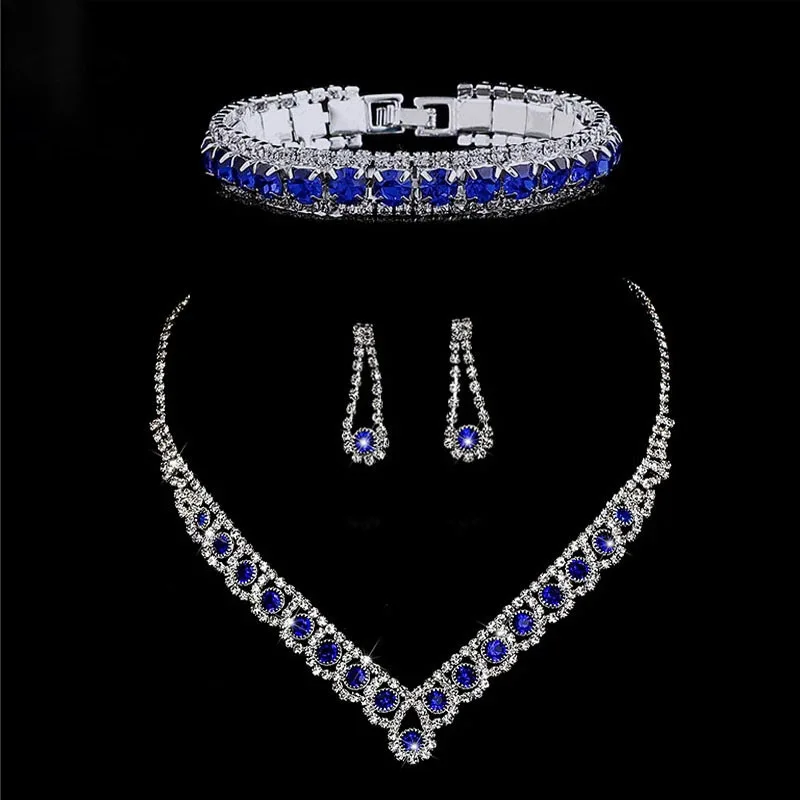 

TREAZY 2023 New Royal Blue Crystal Bridal Jewelry Sets Rhinestone Statement Choker Necklace Earrings Women Wedding Jewelry Sets