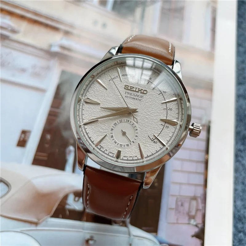 

Изысканные Мужские кварцевые часы Seiko, модные повседневные часы с четырьмя контактами и удобным кожаным ремешком, светящиеся стрелки, высокопроизводительные часы