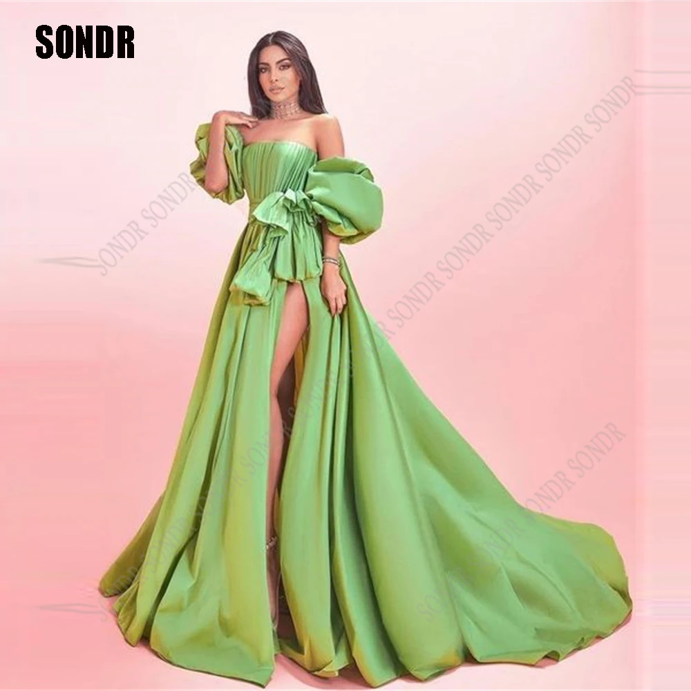 

OIMG Green A Line Slit Evening Dress Short Sleeves Bow Satin Formal Party Long Royal Queen Elegant Prom Gowns Celebrity Dress