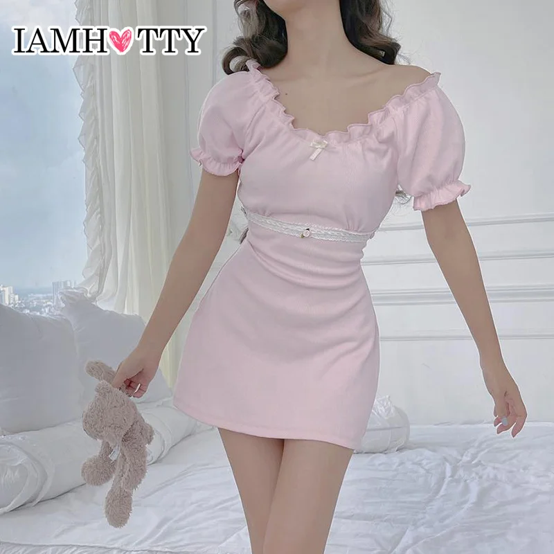 

IAMHOTTY Lolita Pink A-line Mini Dress Solid Color Lace Waist Kawaii Japanese Korean Style Aesthetic Dresses Casual Sweet Robe