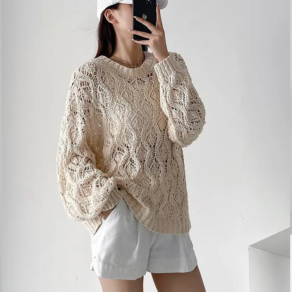 

Женский сетчатый жаккардовый вязаный свитер, повседневный Модный женский шикарный пуловер с круглым вырезом и длинным рукавом на лето