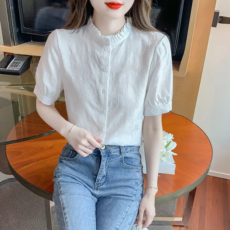 Летняя женская хлопковая блузка в иностранном стиле с коротким рукавом