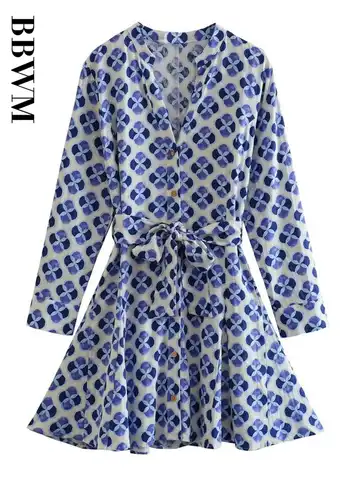 Print Shirt Dress Woman Belt Short Blue Dresses 2023 Vintage Long Sleeve A Type Hem Chic Female Dress Office Casual Linen Dress