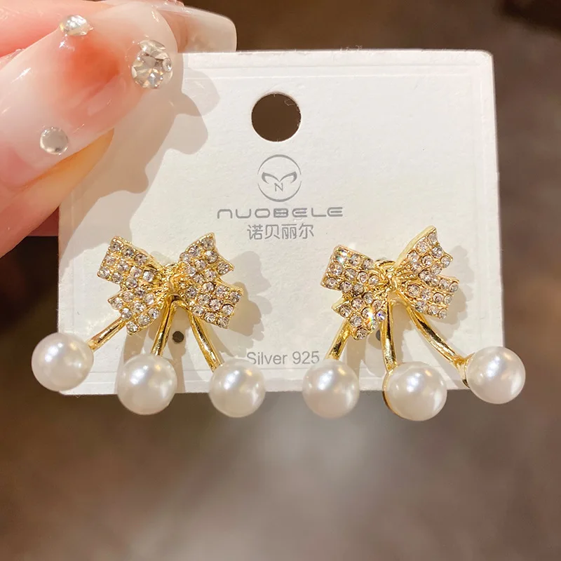 Fashion Full Rhinestone Butterfly Earrings for Women Bowknot Gold Korean Crystal Pearl Stud Earrings 2 in1 Party Jewelry серьги images - 6
