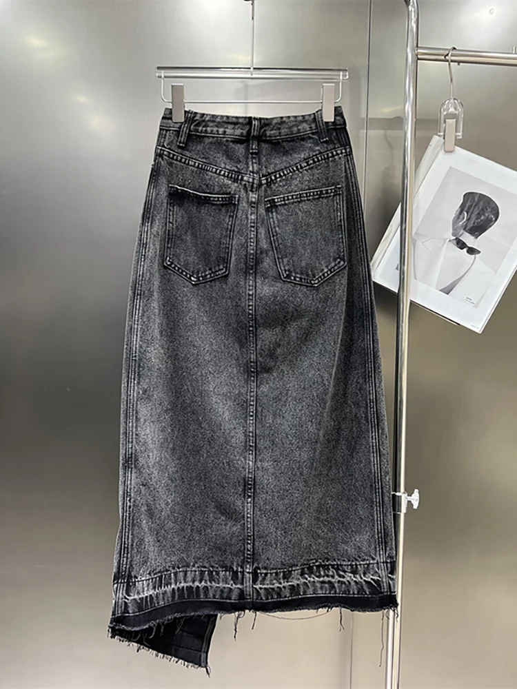 Женская джинсовая юбка с высокой талией DEAT асимметричная одношаговая черная