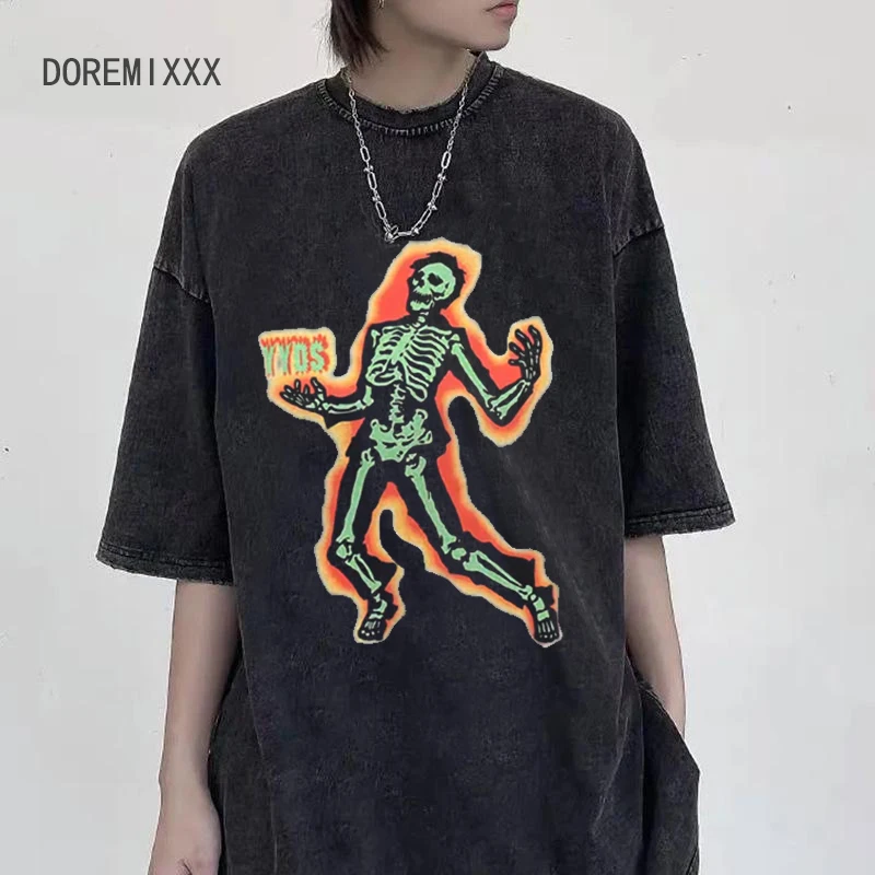 Camiseta de esqueleto Vintage Y2k, ropa de calle térmica galvanizada de verano, camiseta Vintage desgastada, camiseta estampada, camisetas para mujer