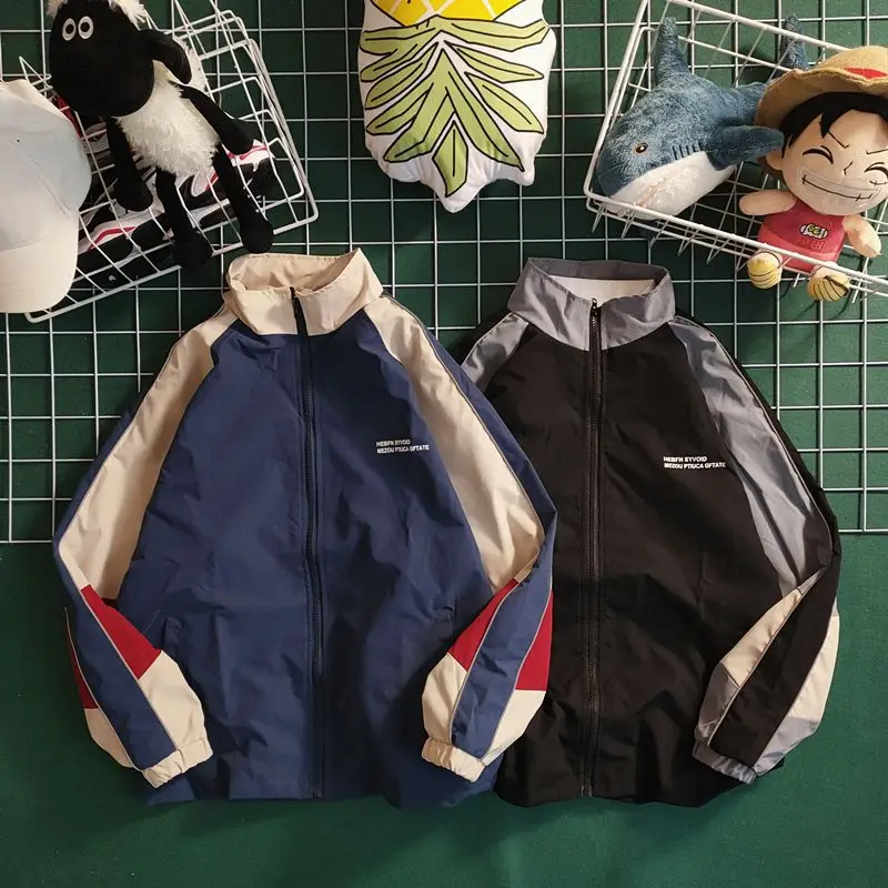 

Men Fashion Loose thin college jacket Hip hop school team jacket men and women spring and Autumn patchwork color block trench