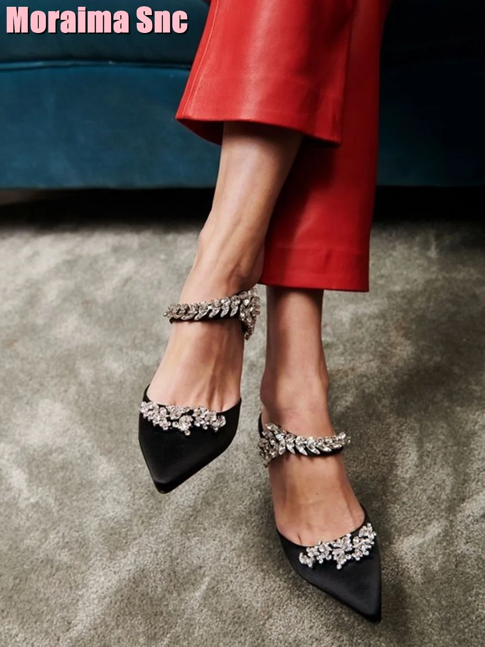 Satin Crystal  Pointed Toe Slippers Stiletto High Heel Black Solid Sexy Luxury Women Wedding Shoes Slides Banquet Fashion 2023