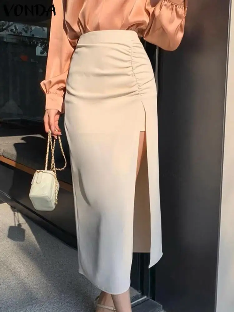 

Elegant Slit Skirts VONDA 2023 Summer Women Fashion Solid Color High Waisted Pleated Midi Skirt Casual Office Lady Office Bottom