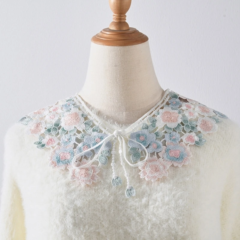 

Decorative Neckline Faux Collar for Women Elegant Fairy Embroidery Colorful Floral Shawl Scarf Lace-Up Bowknot Mini Cape