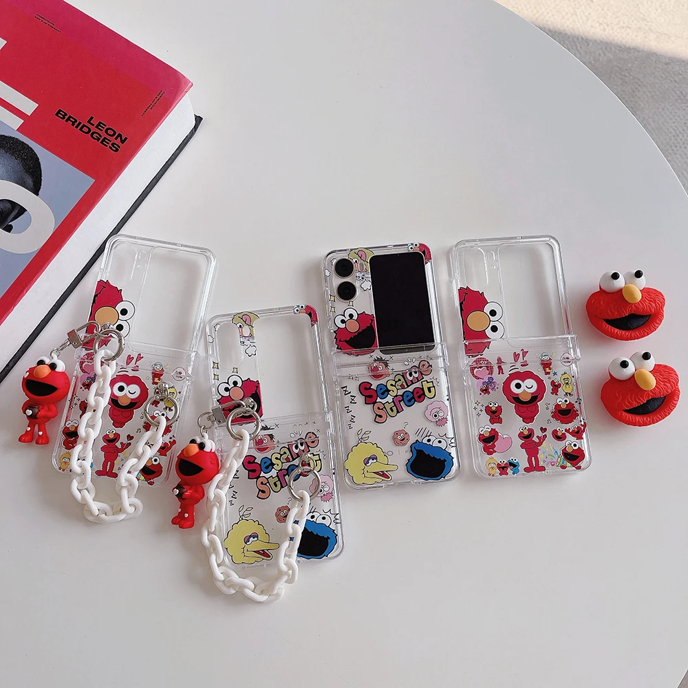 

Cartoon Sesames Streets with Bracelet Bracket and Pendant Phone Case for OPPO Find N2 Flip Fold Transparent Anti-fall Back Cover