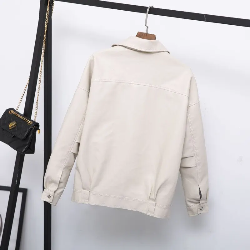 Pu Leather Jacket Women Fashion Bright Colors Beige Motorcycle Coat Short Faux Leather Biker Jacket Soft Jacket Female