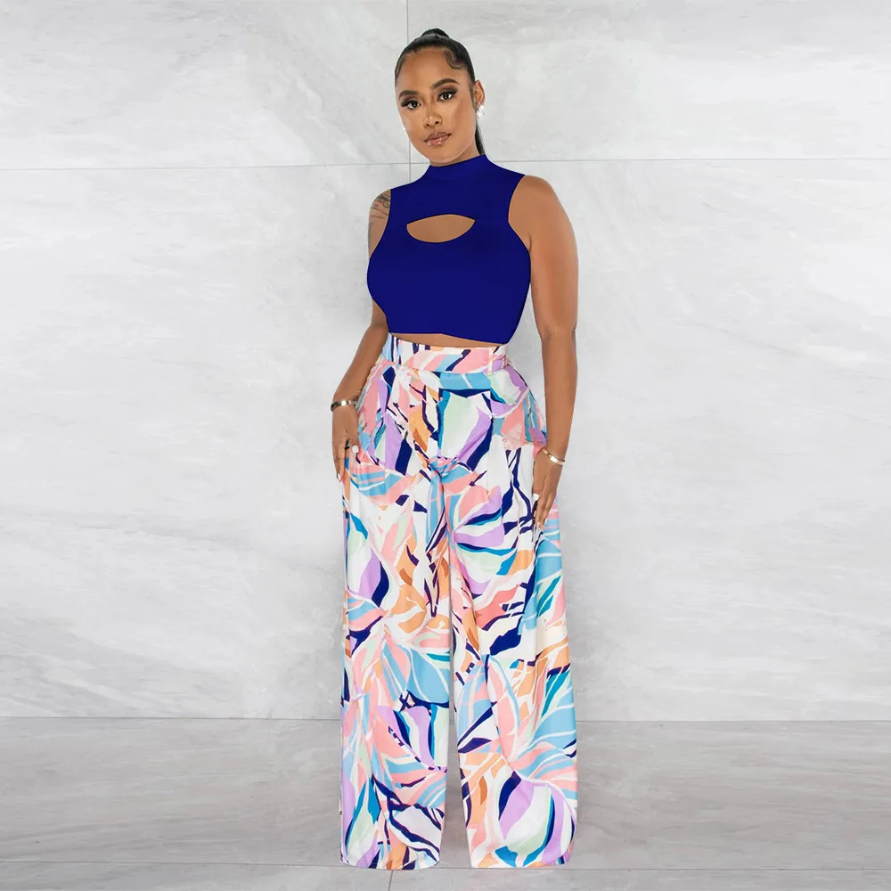 

Summer Fashion 2 Piece Set Outfit Womens Sleeveless Cutout Front Tank Top High Waist Printed Wide Leg Pants Set