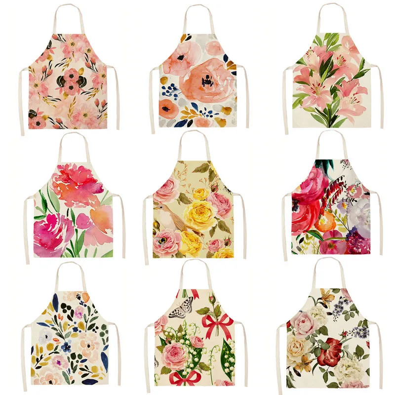

Watercolor Flower Pattern Cleaning Aprons 66x47cm Home Cooking Kitchen Apron Wear Cotton Linen Adult Bibs Home Decor
