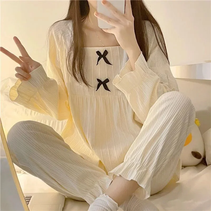 Women's Pajamas Set Sleepwear Cute Sweet Bow Princess Elastic Full-Sleeve Flower Print Pyjama Autumn Fashion Homewear Big Size