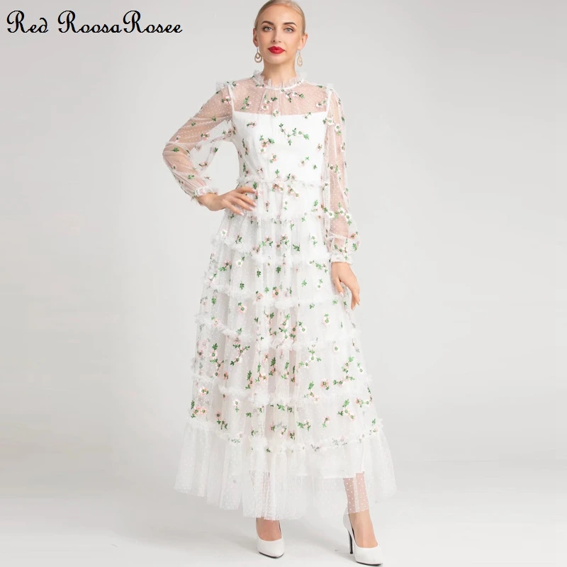 

Red RoosaRosee Top Quality Spring Summer Women O-neck Collar Embroidery Long Sleeve Maxi Party Mesh Dress Vestidos Robe Femme