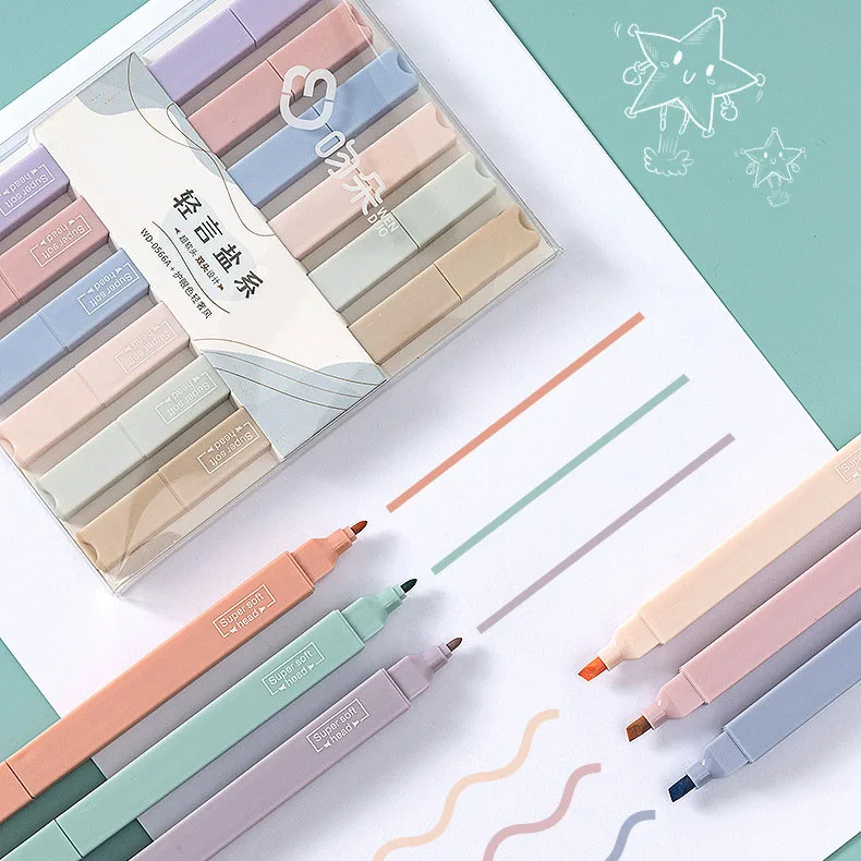 

6 Pcs Highlighter Pen Set Double Tip Kawaii Candy Color Manga Markers Midliner Pastel Gel Set Stationery Journal Supplies