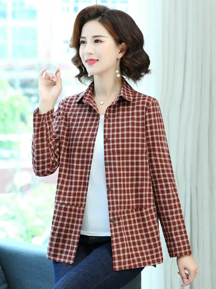 Рубашка женская клетчатая с отложным воротником и длинным рукавом из хлопка |