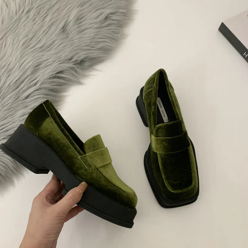 Autumn New Thick-soled Heightened Square-toe Velvet Women's Shoes Lightweight High-end Retro Green Loafers Pumps  Talon Femme