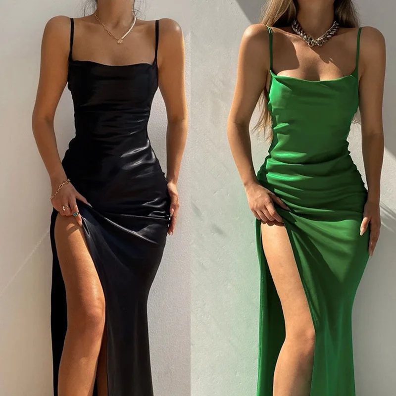 

Sexy High Split Long Party Dress Satin Elegant Evening Sling Dresses for Women Summer Backless Low Cut Bodycon Female Clothing