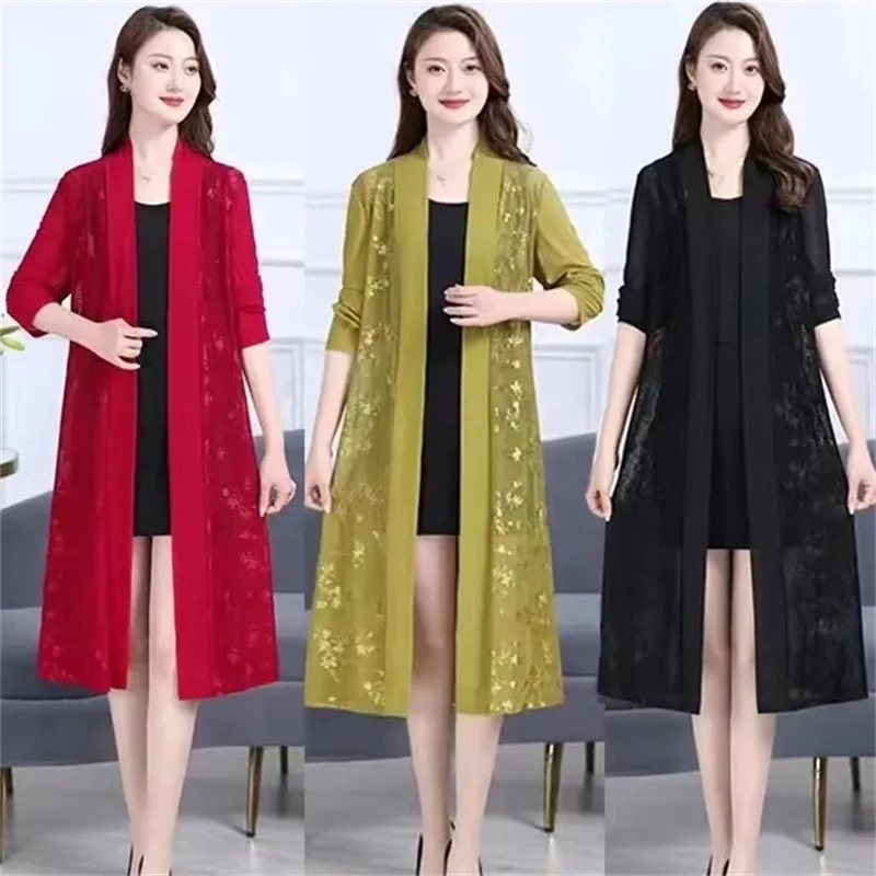 

2023 New ice Silk Jacquard Spring/Summer Korean Mid Length Mesh Shawl Wrapped with Sunscreen Coat Loose Cardigan Thin Coat