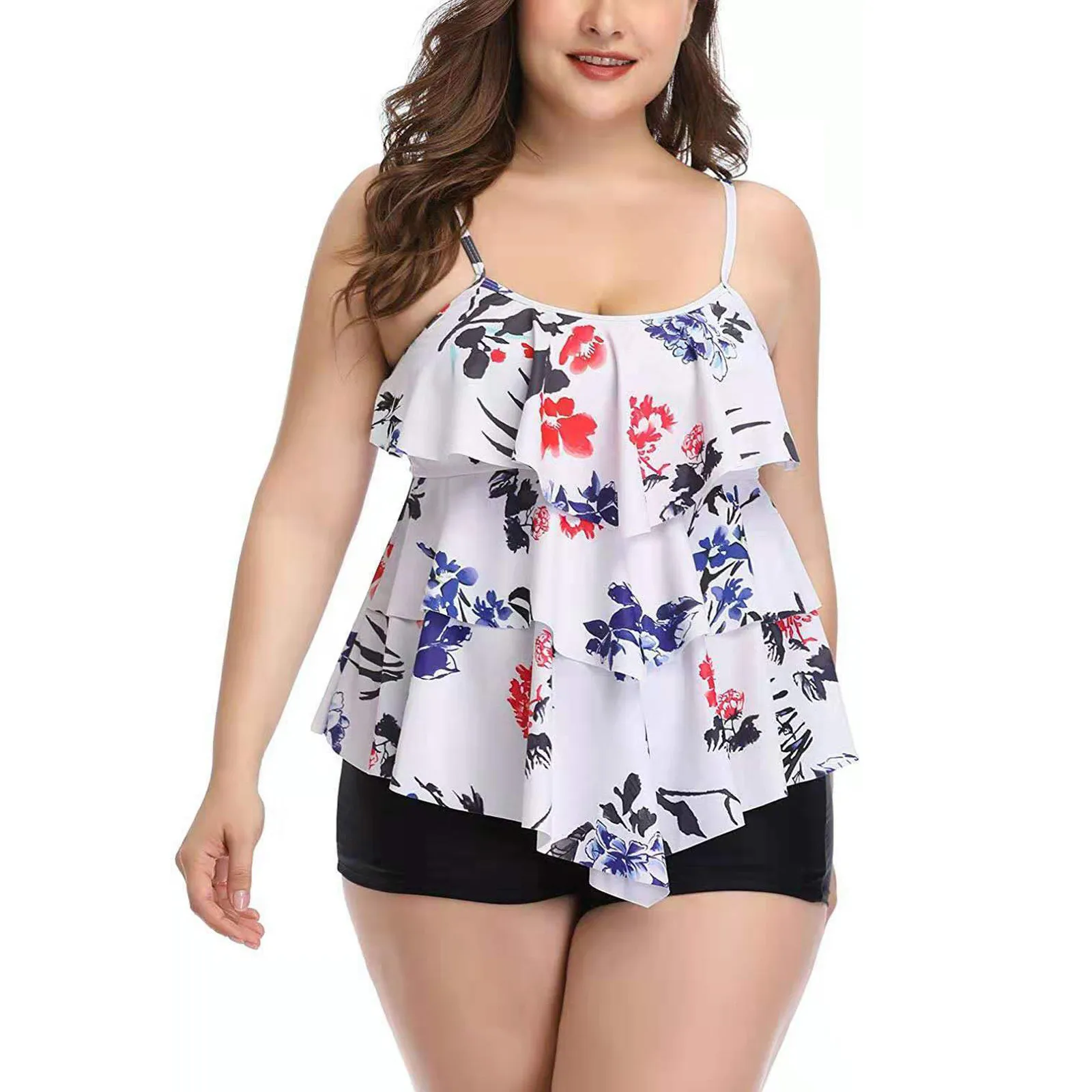 

Summer Women Plus Size Tankini Swimsuits Tummy Control 2 Piece Bathing Suit Ruffled Flounce Swimwear With Shorts Beachwear