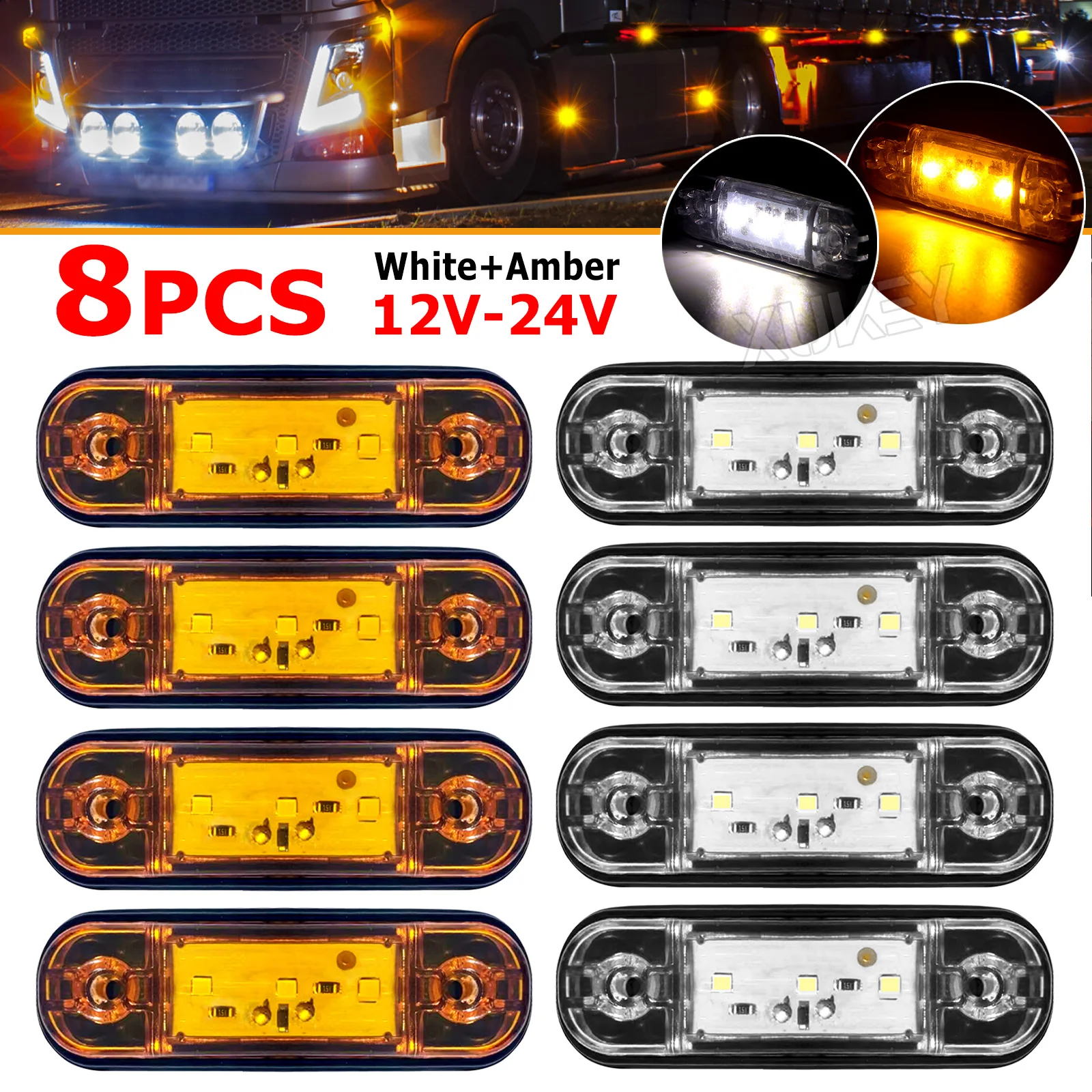

8pcs LED Truck Side Marker Lights 12V-24V Amber White Indicator Lorry Trailer UTE Turn Signal Side Front Position Clearance Lamp