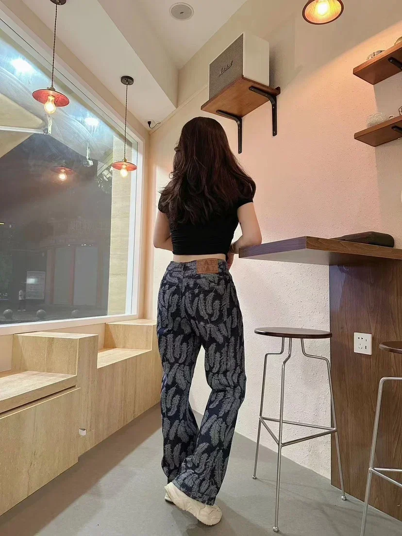 New Japanese Style Hirata and Hiroshi Casual Men's Women's Loose Denim Jacquard Feather Flared Pants Versatile