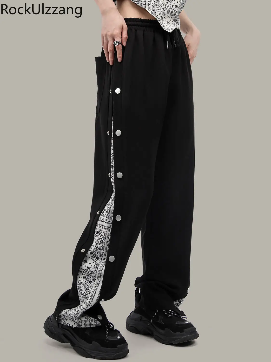 

Side Button Up Harajuku Paisley Bandana Drawstring Sweatpant Black Pant Casual Loose Straight y2k Trouser Women Street Korean