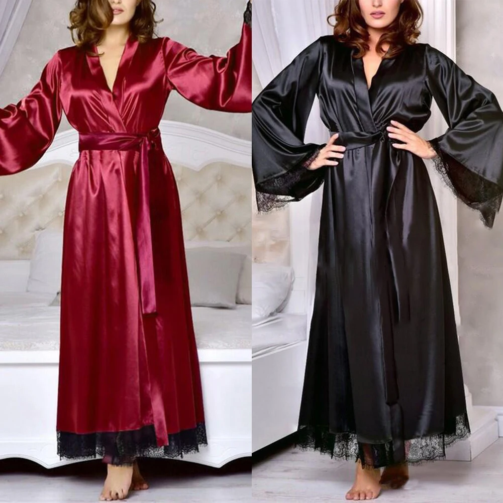 New Women Long Bathrobe Kimono Robe Satin Nightdress Nightgown High Quality Female Smooth Nightwear Sleepwear Pajamas