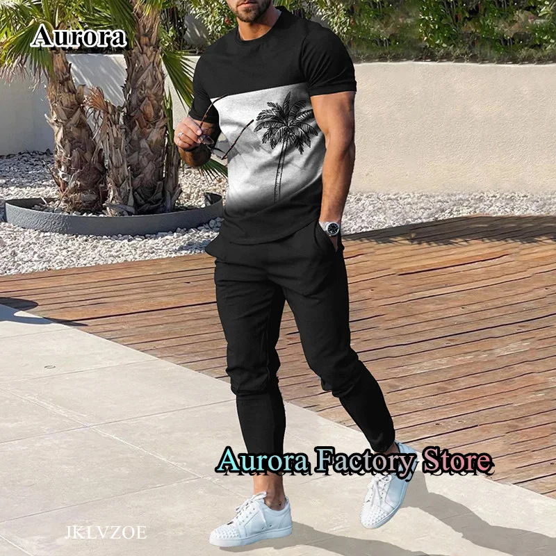 Summer Men's Casual Tracksuit 2 Pieces Palm Trees T-Shirt Trousers Set Jogging Suit Fashion Outfit Male Beach Style Streetwear
