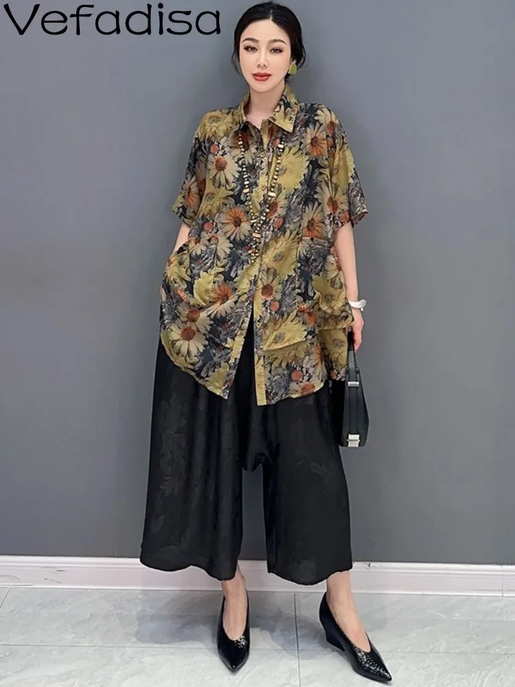

Vefadisa 2023 Summer New Korean Fashion Flower Print Shirt Women POLO Collar Single Piece Short Sleeve Top ZXF125B