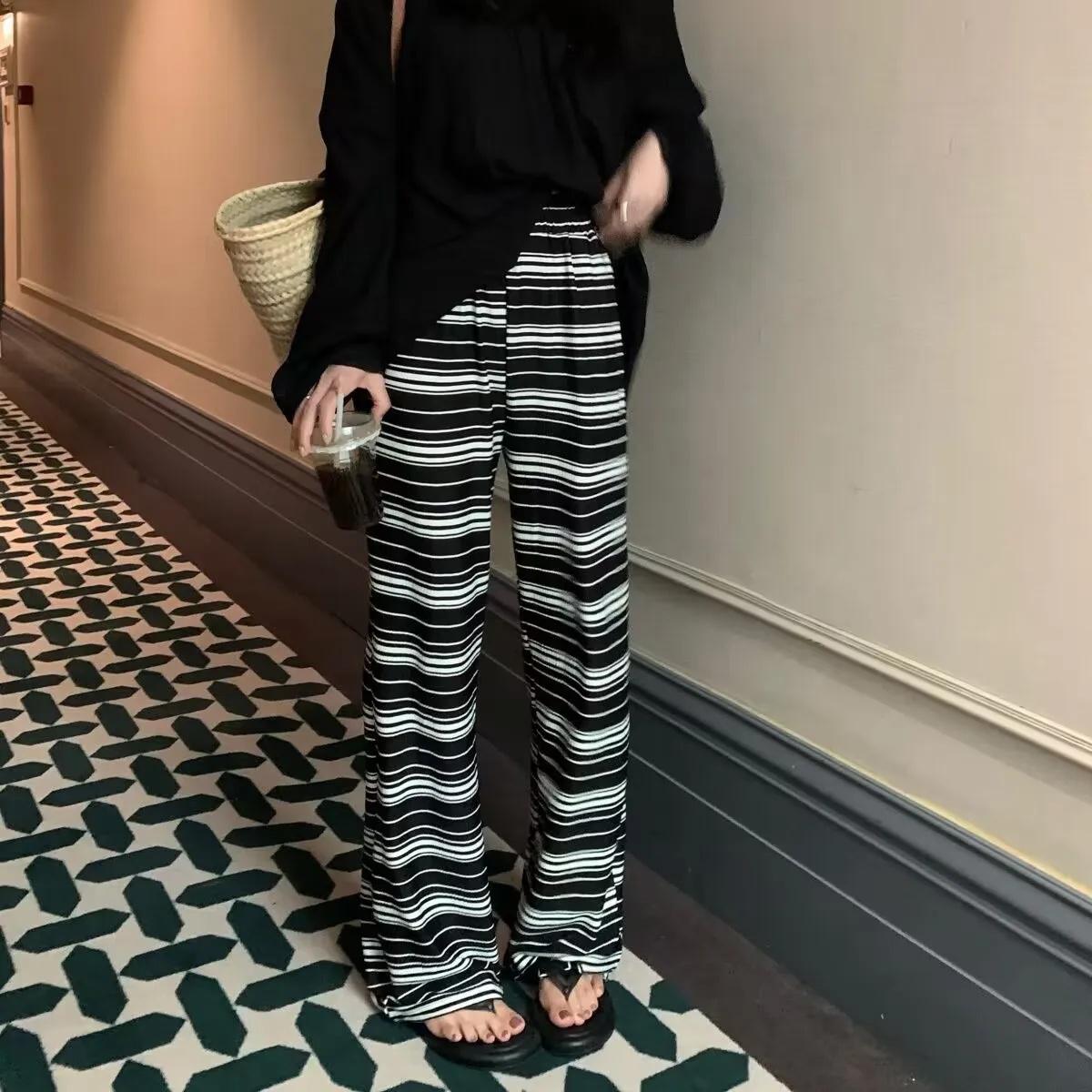 

Striped Women Wide Leg Pants Print Fashion High Waist Female Trouser Sexy Streetwear Loose Casual