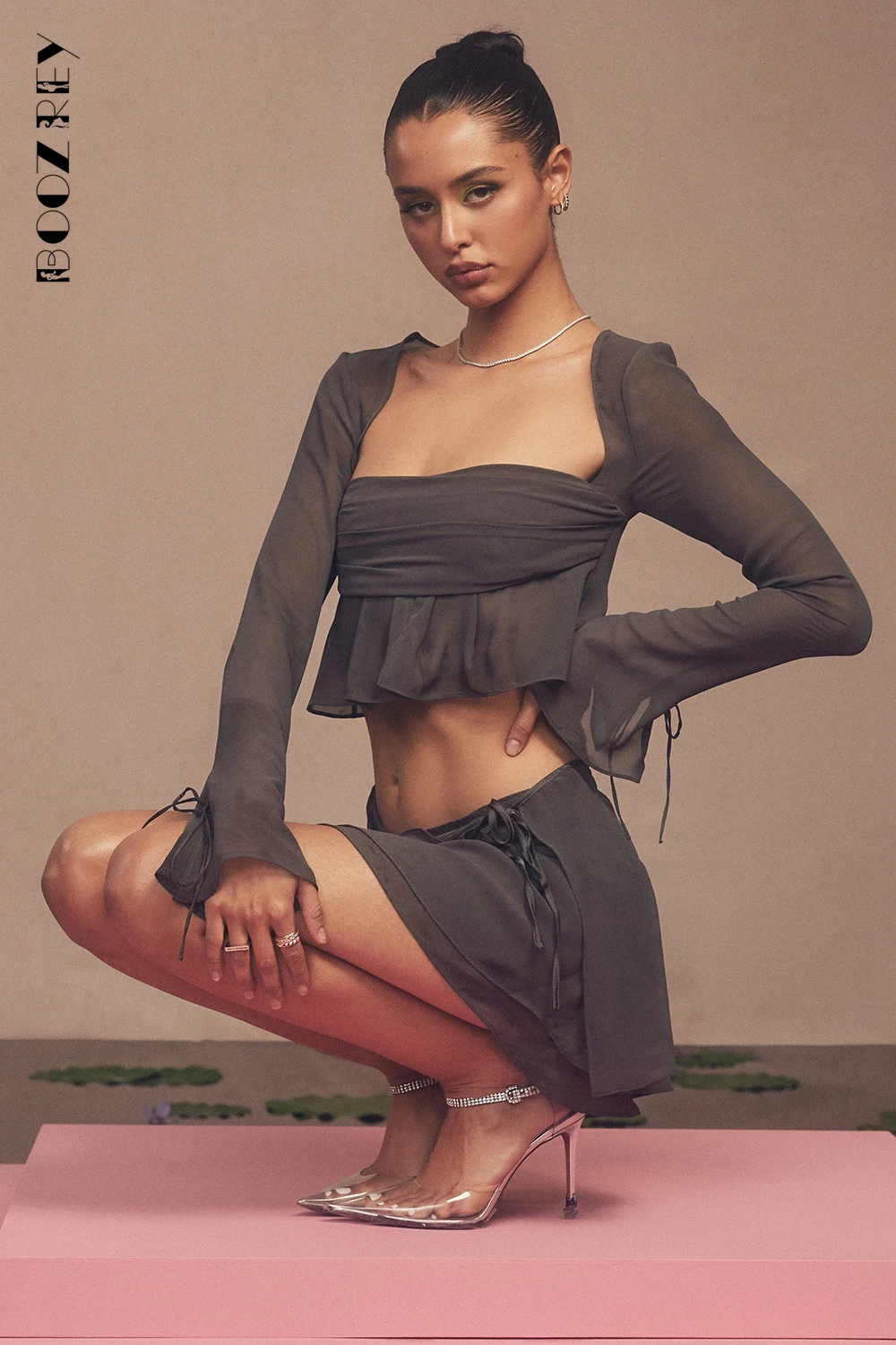 

BoozRey Elegant Long Sleeve Ruffles Summer Skirt Set Sexy Low Cut Dress Set for Women Party Club Bandage Female Matching Sets