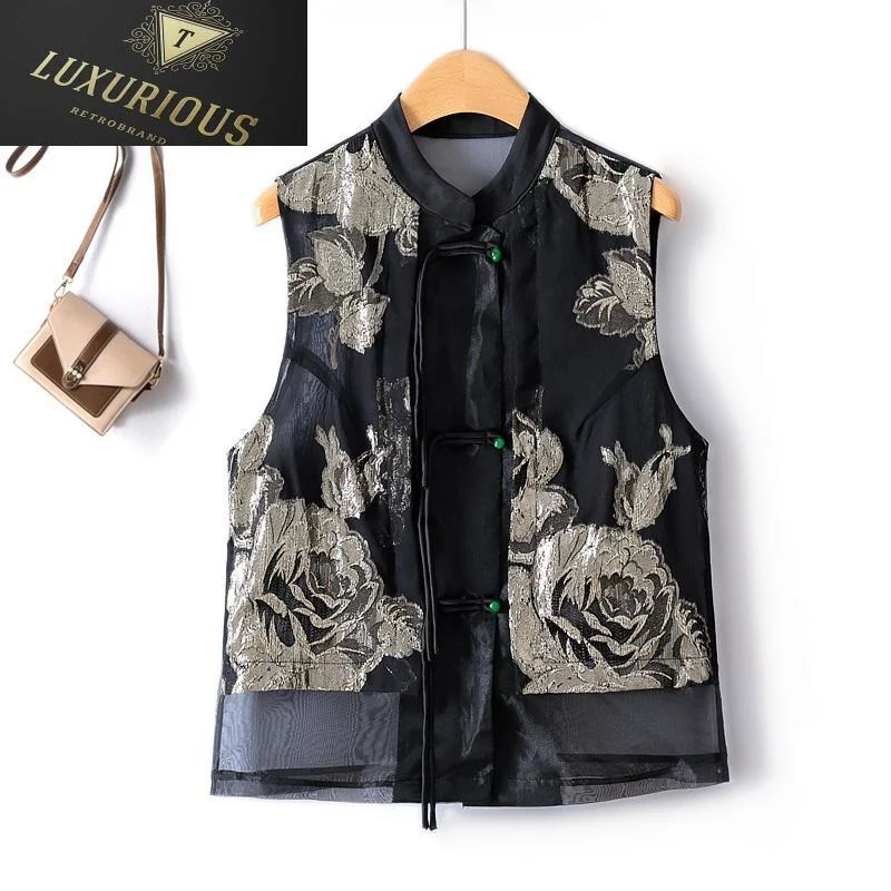 

Retro Elegant Stand Collar Vests For Women 2023 Autumn Jacquard Organza Single Breasted New Chinese Style Sleeveless Jackets 4XL