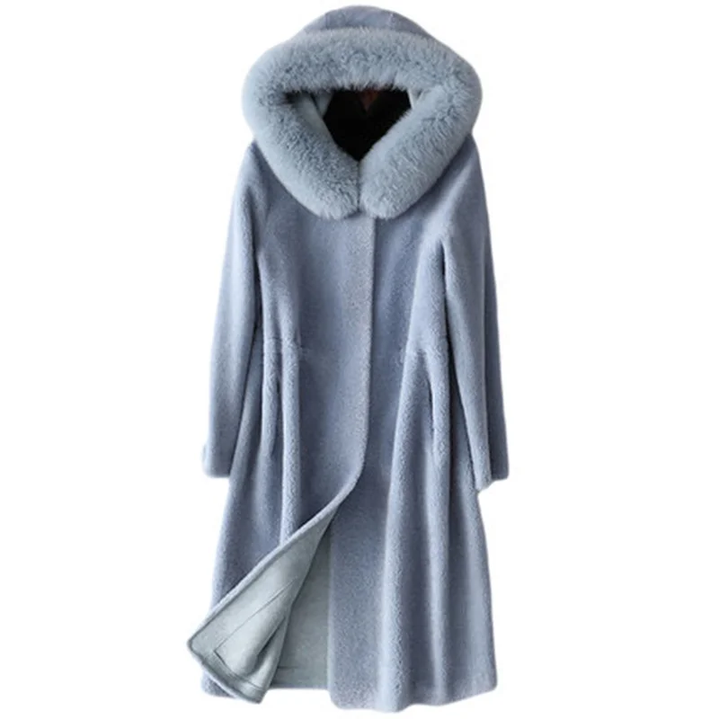 

Winter Autumn Women's High-Quality Sheep Shearing Fox Collar Hooded Long Wool Fur Coat Large Size 3XL