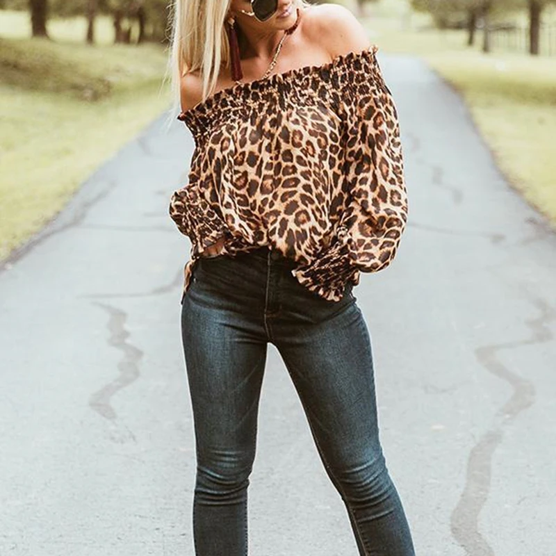 

Spring Autumn Women Fashion Leopard Print T Shirt Sexy Slash Neck Loose Long Sleeve Off Shoulder Leopard T-shirts