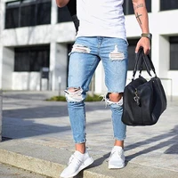 2022 new ripped over the knee mens jeans youth fashion slim pencil pants spring and summer thin denim cotton nine point pants