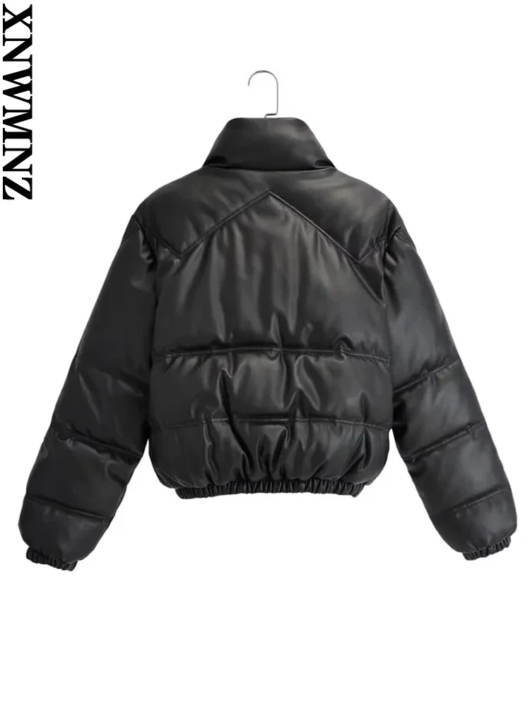XNWMNZ 2022 Women Fashion Faux Leather Padded Jacket Thick Warm Parka Coat Vintage Long Sleeve Female Outerwear Chic Tops