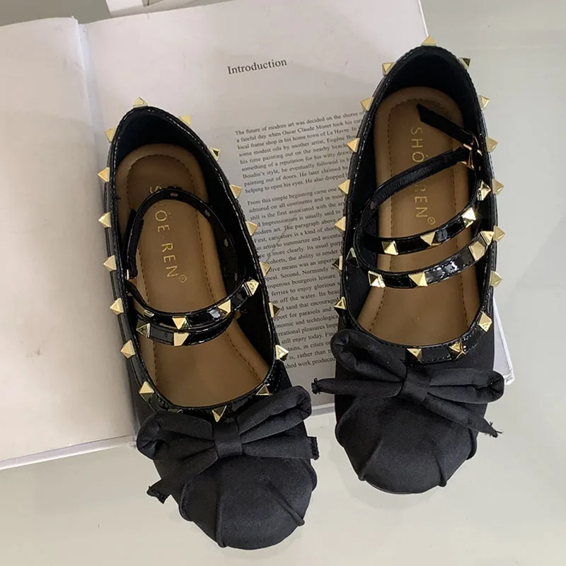 

Fashion Round Toe Ladies Lolita Dance Shoes Shallow Footwear Female Butterfly-Knot Silk Rivet Ballet Flats Shoes For Women