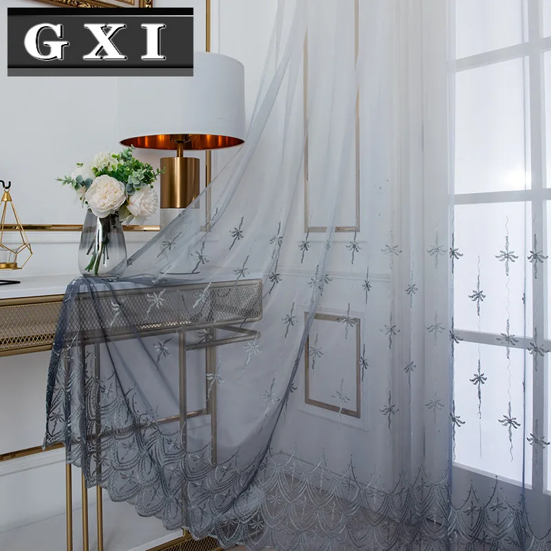 

Blue Gray Gradient Tulle Curtains For Living Room Bedroom Kitchen Retro European Style Embroidered Sheer Gauze