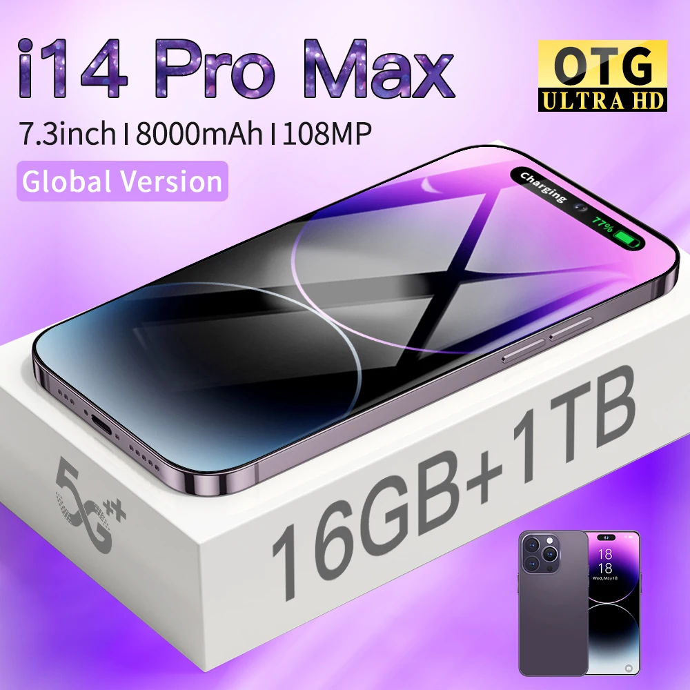 

New I14 Pro Max 6.8 Inch Screen Global Version 4G 5G Smart Phone Face ID 16GB+1TB Cell Phone 7800mAh Battery Mobile Phones