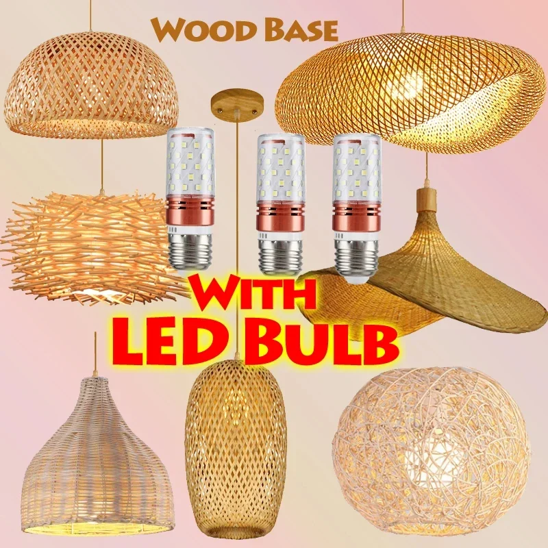 

With LED Bulb Rattan Wicker Bamboo Wood Pendant Light Ceiling Lustre Chandelier Hanglamp Hand Craft Home Living Bed Room Decor