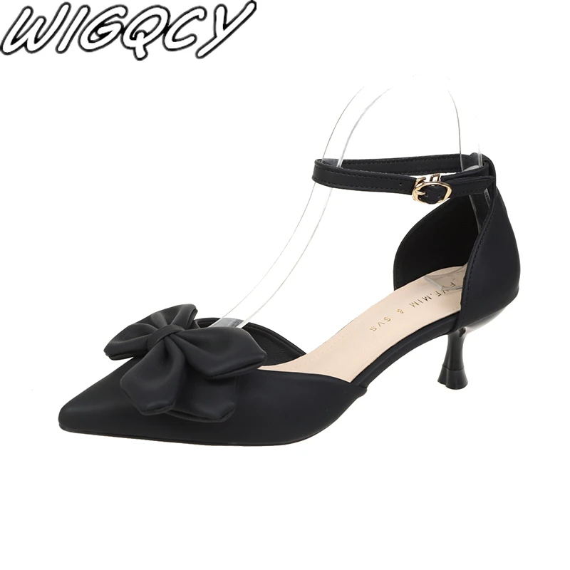 

5cn Mid-heel Shoes for Women 2022 Summer New Pointed Toe Stiletto Pumps Buckle Strap Bow Hollow Office Career High Heels Flock
