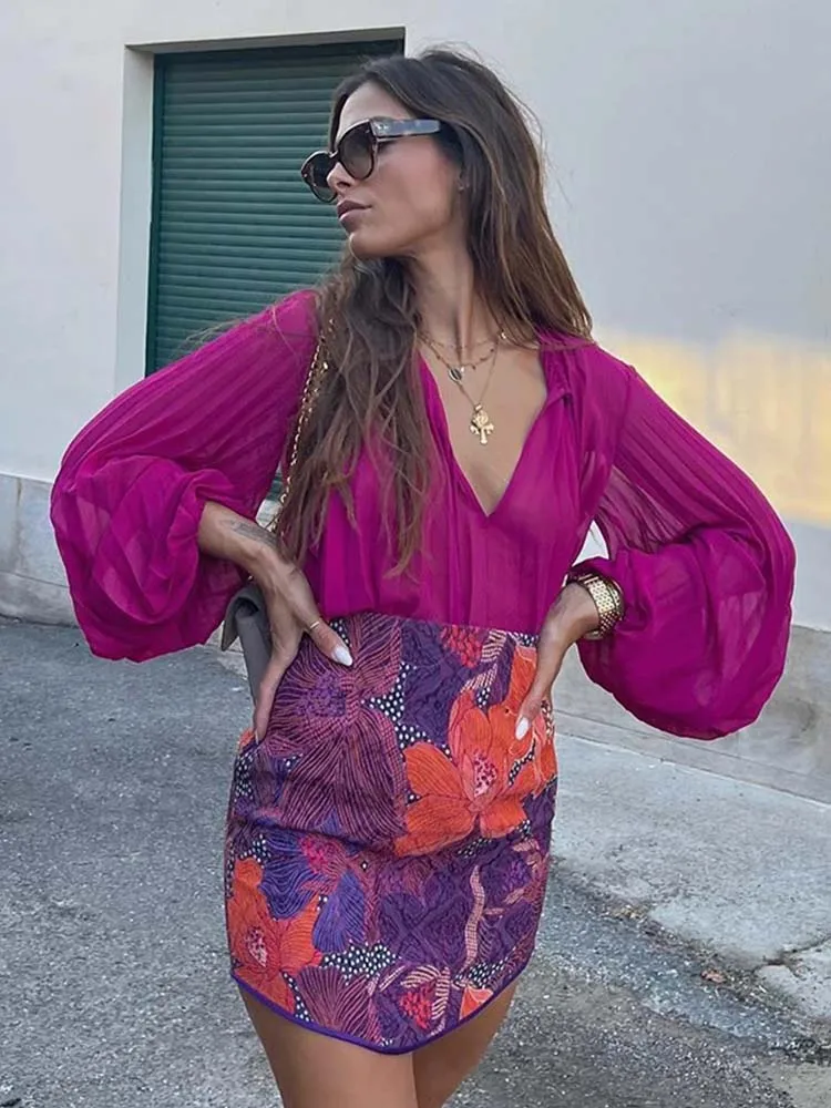 

Блузка женская шифоновая плиссированная с рюшами и длинным рукавом-фонариком